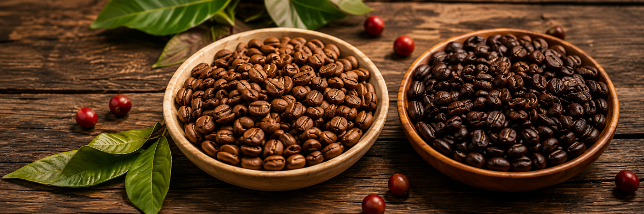 Two bowls of roasted coffee beans for Lalilano Arabica and Robusta guide