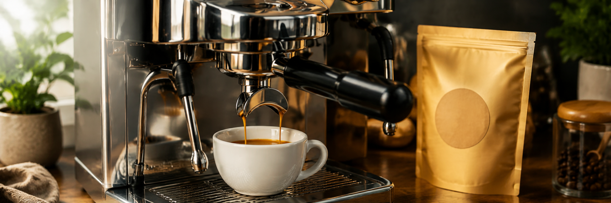 Espresso machine pouring coffee beside a coffee bag