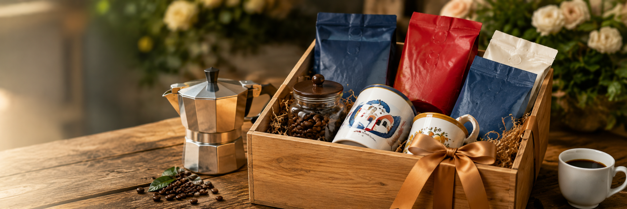 Italian coffee gift box with moka pot and coffee items