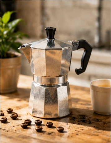 Moka pot on a wooden surface for Italian coffee brewing guides