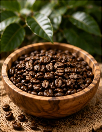 Roasted coffee beans in a bowl for coffee bean guide