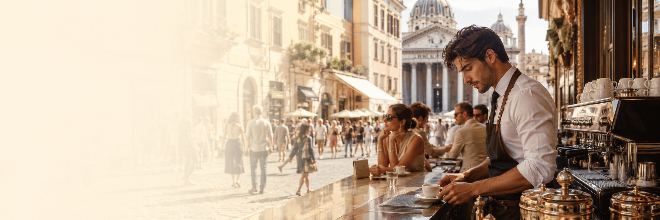 Barista preparing espresso in a high-footfall Roman café