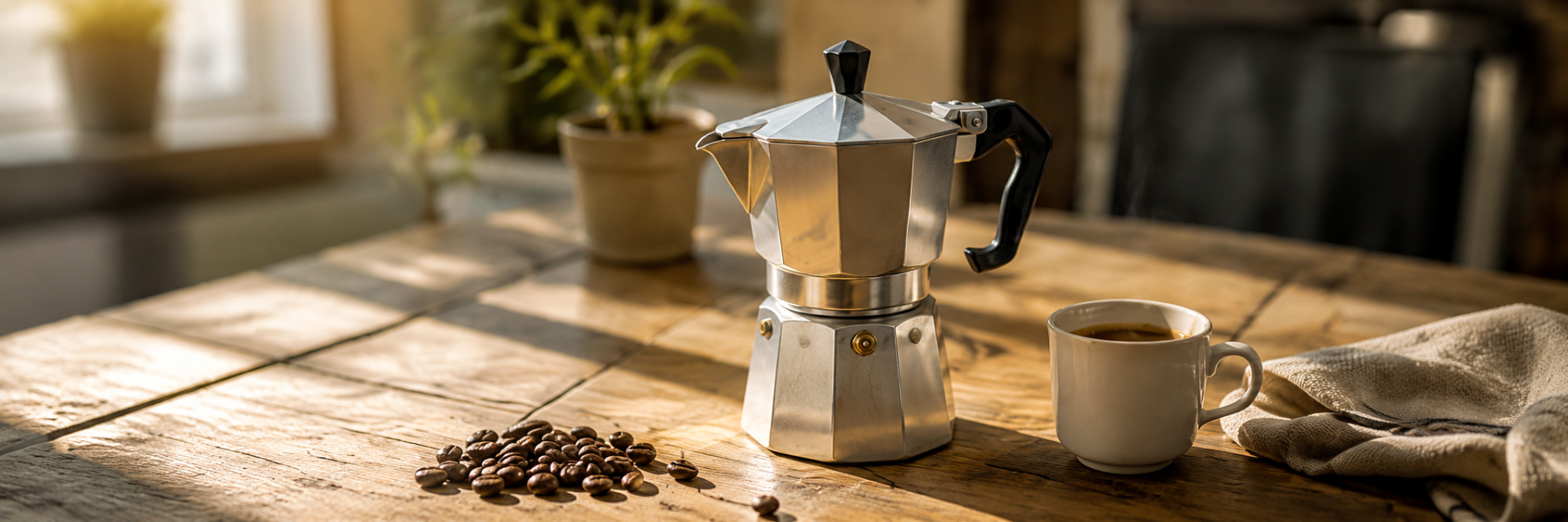 Moka pot brewing Italian coffee at home