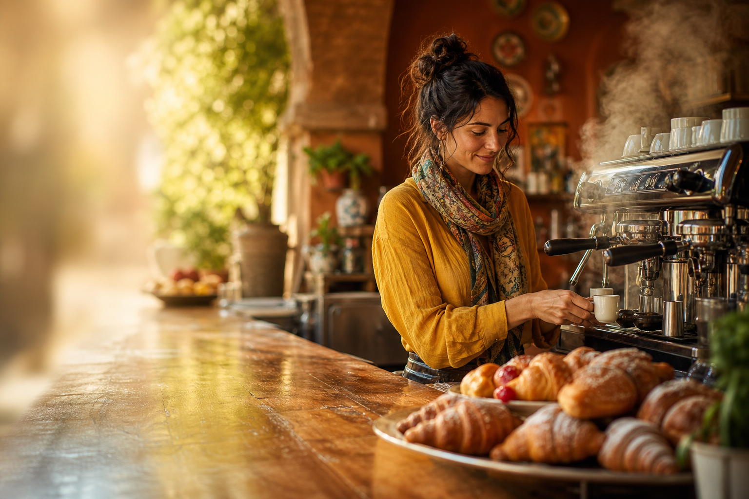 Italian woman preparing espresso at a colourful neighbourhood café bar
