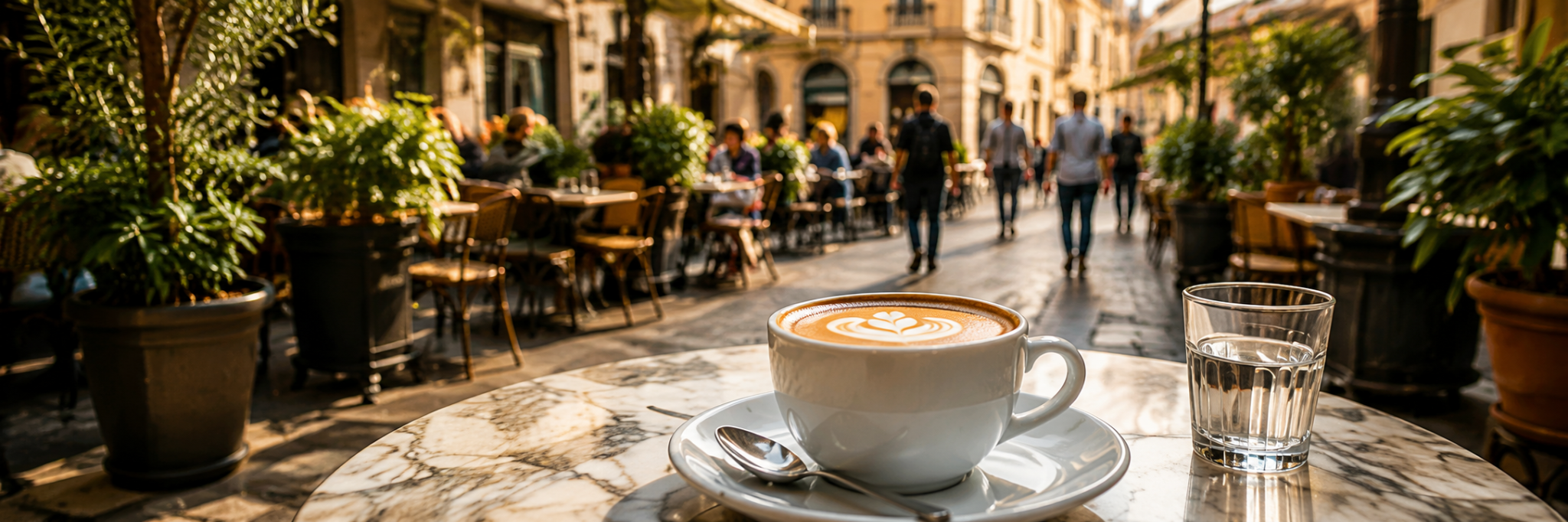 Italian café terrace with morning coffee service
