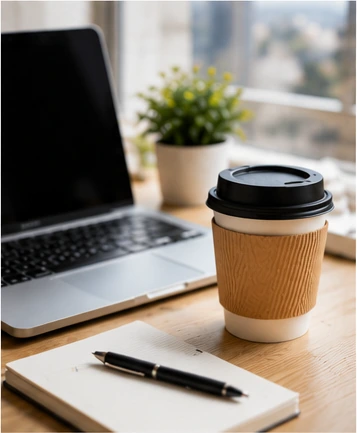 Coffee cup beside laptop for office coffee guide