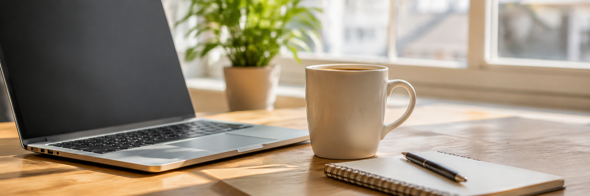 Coffee cup beside laptop in a bright office workspace