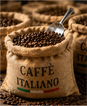 Burlap sacks of Italian coffee beans for wholesale coffee guide