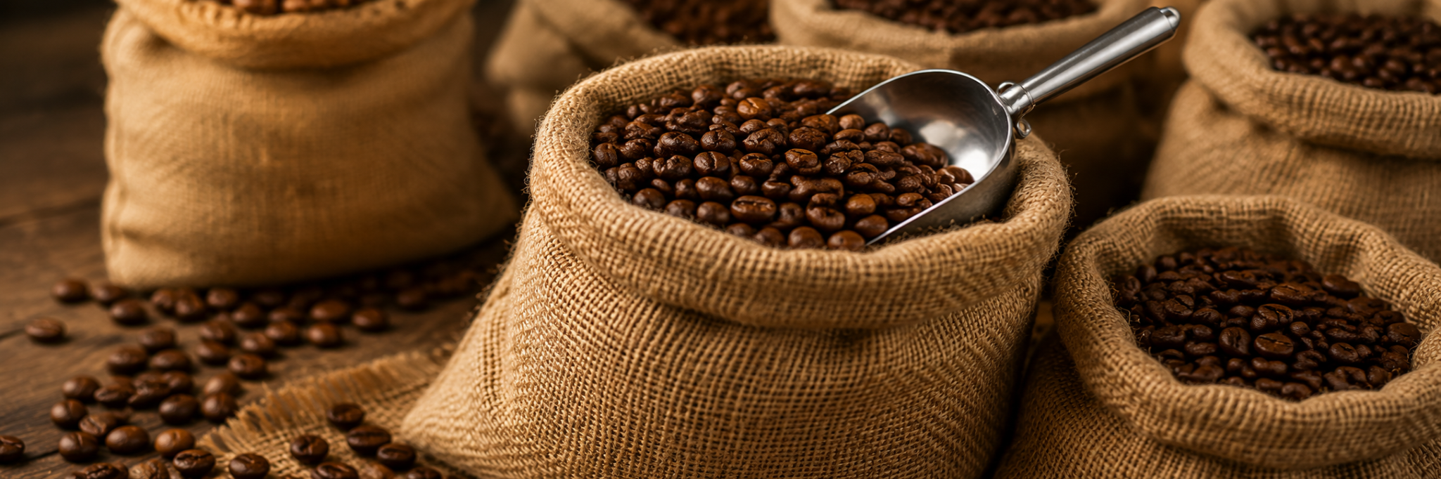 Burlap sacks of roasted coffee beans for wholesale coffee supply
