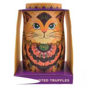 Savanna Gold Cat Tin Of Flutter Scotch Cocoa Dusted Truffles With Butterscotch Chips