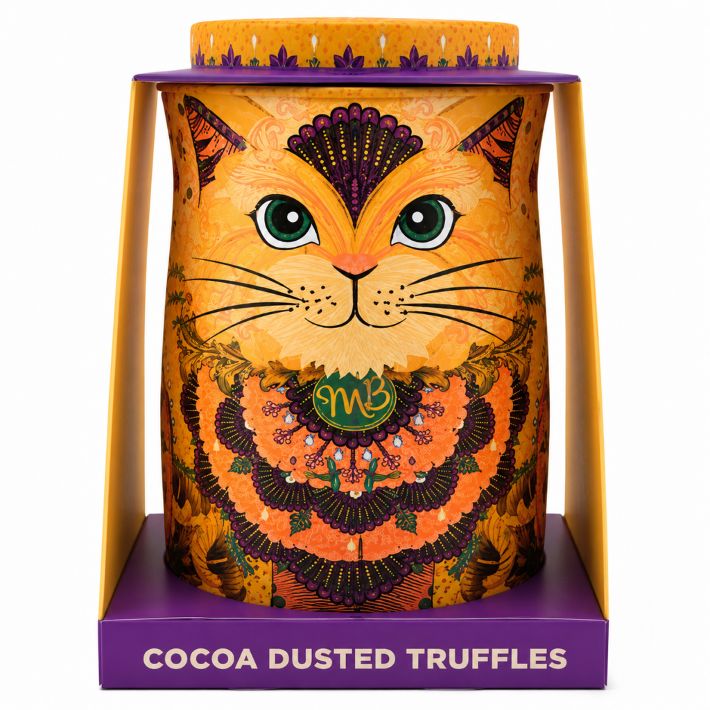 Savanna Gold Cat Tin Of Flutter Scotch Cocoa Dusted Truffles With Butterscotch Chips